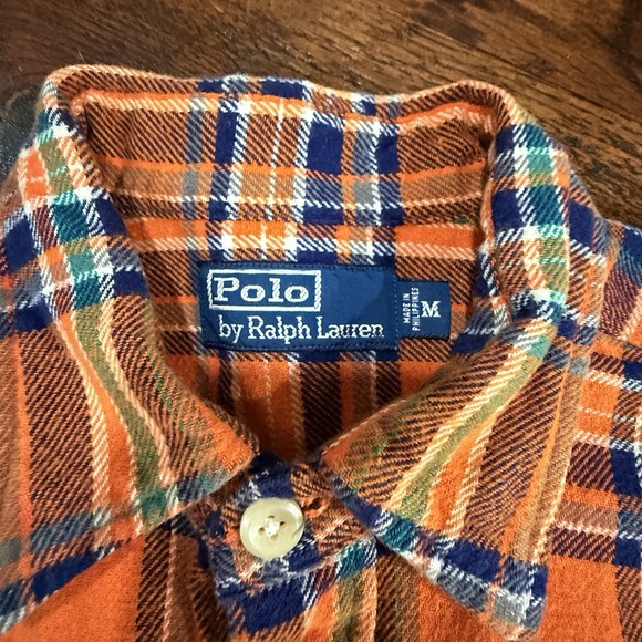 VTG POLO RALPH LAUREN 100% Cotton Flannel Shirt Orange Plaid Mens Medium M - Picture 3 of 5